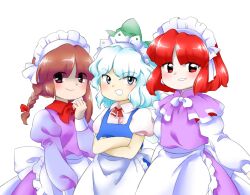 Rule 34 | 3girls, :d, apron, back bow, blue dress, blue eyes, blue hair, bow, bowtie, braid, brown eyes, brown hair, capelet, cirno, closed mouth, collared shirt, crossed arms, dress, eyes visible through hair, fairy, flat chest, green bow, hair bow, hand up, ice, ice wings, juliet sleeves, kirisame marisa, kirisame marisa (pc-98), light blue hair, long sleeves, maid apron, multiple girls, neck ribbon, nonamejd, official style, open mouth, parted bangs, pinafore dress, puffy sleeves, purple capelet, purple dress, red bow, red bowtie, red eyes, red hair, red ribbon, ribbon, rika (touhou), shirt, short hair, simple background, sleeveless, sleeveless dress, smile, touhou, touhou (pc-98), twin braids, waist apron, white apron, white background, white bow, white bowtie, white shirt, white trim, wings, zun (style)