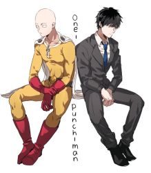 Rule 34 | 2boys, bad id, bad twitter id, bald, black hair, blue neckwear, bodysuit, boots, business suit, cape, commentary, copyright name, dual persona, formal, gloves, kina58, long sleeves, multiple boys, necktie, one-punch man, pants, red footwear, red gloves, saitama (one-punch man), side-by-side, sitting, suit, white background, white cape, yellow bodysuit
