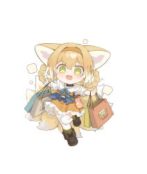 Rule 34 | 1girl, absurdres, alternate costume, animal ear fluff, animal ears, arknights, bag, black choker, blonde hair, blue ribbon, boots, braid, braided hair rings, brown footwear, chibi, chinese commentary, choker, commentary, dated commentary, dress, fang, fox ears, fox girl, fox tail, green eyes, hair rings, hairband, highres, kitsune, kyuubi, looking at viewer, multiple tails, open mouth, orange dress, orange hairband, outstretched arms, puffy short sleeves, puffy sleeves, ribbon, shio (shiofeifei), shopping bag, short hair, short sleeves, skin fang, solo, spread arms, suzuran (arknights), suzuran (let&#039;s carnival!) (arknights), tail, thighhighs, white background, white thighhighs