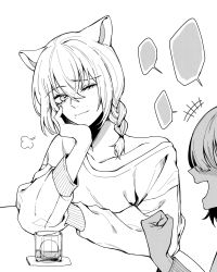 Rule 34 | +++, 2girls, animal ears, arknights, braid, clenched hand, collarbone, drink, drlee lili, female focus, greyscale, hair between eyes, head rest, highres, long sleeves, looking at another, medium hair, monochrome, mouse ears, mouse girl, multiple girls, one eye closed, out of frame, provence (arknights), scavenger (arknights), smile, speech bubble, sweater