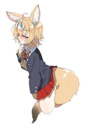 Rule 34 | 1girl, absurdres, animal ears, antenna hair, black hair, blazer, blonde hair, blue hair, blush, cardigan, fox ears, fox girl, fox tail, hair between eyes, heart, heart-shaped pupils, highres, hololive, jacket, looking to the side, miniskirt, multicolored hair, nail polish, official alternate hair length, official alternate hairstyle, omaru polka, parted lips, pink hair, purple eyes, school uniform, simple background, skirt, solo, streaked hair, sui hi sf, symbol-shaped pupils, tail, thighs, virtual youtuber, white background