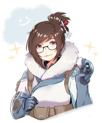 Rule 34 | 1girl, beads, black-framed eyewear, blue gloves, brown eyes, brown hair, canister, coat, fur, fur collar, fur trim, glasses, gloves, hair bun, hair ornament, hair stick, hairpin, hands up, highres, hyoon (sockgyu), long sleeves, looking at viewer, mei (overwatch), overwatch, overwatch 1, short hair, sidelocks, simple background, single hair bun, smile, solo, sparkle, upper body, v, white background