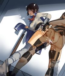 Rule 34 | 1boy, 1girl, ahegao, anus, ass, brown hair, clothes pull, cum, cum in pussy, demi-fiend, gauntlets, hand on ass, hetero, highres, isabeau (megami tensei), kerchief, nail polish, nyahpa20, pants, pants pull, pussy, red nails, saliva, sex, sex from behind, sheath, shin megami tensei, shin megami tensei iii: nocturne, shin megami tensei iv, short hair, sweat, sword, thighhighs, vaginal, weapon, x-ray