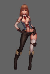 Rule 34 | 1girl, absurdres, black gloves, boots, breasts, brown hair, gloves, green eyes, grey background, highres, jungon kim, long hair, looking at viewer, medium breasts, navel, original, simple background, solo