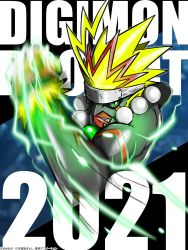 Rule 34 | 1boy, 2021, bandai, blonde hair, boutmon, clenched hand, clenched teeth, copyright name, dated, digimon, digimon (creature), electricity, energy, fingerless gloves, gloves, glowing, glowing eyes, green eyes, highres, looking at viewer, manly, monster boy, motion blur, multicolored hair, muscular, p!k@ru, punching, sharp teeth, spiked hair, teeth, title, two-tone hair