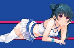 Rule 34 | 1girl, arm rest, blue background, blue hair, blush, bracelet, breasts, cleavage, commentary, criss-cross halter, crop top, dark blue hair, earrings, hair bun, halterneck, head rest, highres, hino minato (spec.c), jewelry, light frown, looking at viewer, love live!, love live! sunshine!!, lying, midriff, miniskirt, on stomach, pleated skirt, purple eyes, race queen, single side bun, skirt, sleeveless, solo, striped, striped background, stud earrings, tank top, thighhighs, tsushima yoshiko, white skirt, white tank top, white thighhighs