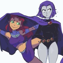Rule 34 | artist request, breasts, cape, dc comics, green eyes, medium breasts, purple hair, raven (dc), red hair, starfire, teen titans, thick thighs, thighs, white background, bad tag
