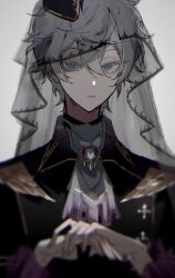 Rule 34 | 1boy, :/, ascot, black hat, black jacket, blue eyes, blurry, cross, ensemble stars!, expressionless, garrison cap, grey ascot, grey hair, hair between eyes, hands on hilt, hat, jacket, kimichinoname, looking at viewer, male focus, own hands together, sena izumi (ensemble stars!), short hair, simple background, solo, torn clothes, upper body, veil, white background