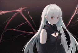 Rule 34 | 1girl, 7ife, absurdres, arknights, bad id, bad pixiv id, black background, black dress, braid, breasts, cleavage cutout, clothing cutout, commentary, crown braid, detached sleeves, dress, expressionless, eyelashes, highres, huge filesize, long hair, looking at viewer, pointy ears, red eyes, silver hair, simple background, skeletal wings, small breasts, solo, straight hair, upper body, warfarin (arknights), wings