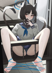 Rule 34 | 1girl, 54etfs, absurdres, animal ears, barefoot, black eyes, black hair, black panties, black sailor collar, black skirt, blue archive, blue halo, blue neckerchief, blush, book, cat ears, cat tail, closed mouth, commentary, eyeliner, halo, highres, holding, holding book, kikyou (blue archive), long sleeves, looking at viewer, makeup, multiple tails, neckerchief, panties, partially visible vulva, red eyeliner, sailor collar, school uniform, serafuku, short hair, skirt, soles, solo, symbol-only commentary, tail, toes, two tails, underwear