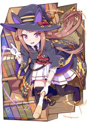 Rule 34 | 1girl, absurdres, black footwear, black robe, boots, broom, broom riding, brown hair, collared shirt, from above, gloves, hair rings, hat, highres, horse girl, index finger raised, kan lee, long hair, pleated skirt, purple eyes, red vest, robe, shirt, skirt, solo, sweep tosho (umamusume), thigh boots, twintails, umamusume, vest, white gloves, white shirt, white skirt, witch hat
