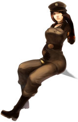 Rule 34 | 1girl, belt, boots, brown eyes, brown hair, choker, elbow gloves, full body, gloves, hat, highres, nazi, pants, short hair, simple background, snk, solo, steward b, swastika, the king of fighters, uniform, whip (kof)