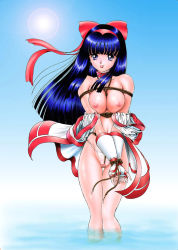 Rule 34 | 1girl, :p, bdsm, bondage, bound, bow, breasts squeezed together, breasts, censored, crotch rope, nakoruru, nipples, open clothes, open mouth, panties, red bow, rope, samurai spirits, solo, tongue, tongue out, underwear