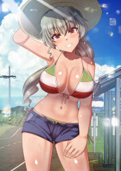 Rule 34 | 1girl, anchovy (girls und panzer), bikini, blue shorts, blush, breasts, collarbone, girls und panzer, green hair, grin, hat, highres, italian flag bikini, large breasts, long hair, looking at viewer, megadeko, navel, outdoors, ponytail, red eyes, shorts, smile, solo, straw hat, swimsuit