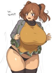 Rule 34 | 1girl, absurdres, breasts, brown hair, commentary, commentary request, cowboy shot, curvy, hair ribbon, highres, huge breasts, jacket, large breasts, makino momiji (artist), medium hair, open mouth, original, plump, red eyes, ribbon, solo, sweater, thick thighs, thighhighs, thighs, translation request, twintails, uniform, wide hips