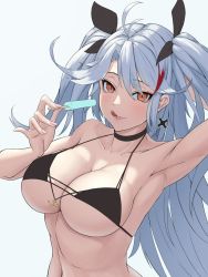Rule 34 | 1girl, adjusting hair, ahoge, armpits, azur lane, bare shoulders, bikini, bikini top only, black bikini, black ribbon, blush, breasts, cleavage, closed mouth, collarbone, cross, cross earrings, earrings, grey hair, hair ribbon, hand in own hair, highres, holding food, holding ice cream, ice cream, jewelry, large breasts, licking lips, lips, long hair, looking at viewer, multicolored hair, nail polish, official alternate costume, orange eyes, pink nails, presenting armpit, prinz eugen (azur lane), prinz eugen (unfading smile) (azur lane), ribbon, ropi (yyuichi29), smile, solo, streaked hair, swimsuit, tongue, tongue out, twintails, upper body, white background