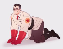 Rule 34 | 1boy, all fours, bara, commentary, draw your babygirl (meme), full body, glasses, gloves, long sleeves, looking at viewer, male focus, medic (tf2), meme, military, military uniform, muscular, muscular male, necktie, pants, pectorals, red gloves, red medic (tf2), sho guru, short hair, sideburns, solo, symbol-only commentary, team fortress 2, thick thighs, thighs, uniform, white background