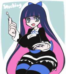 Rule 34 | 10s, 1girl, black dress, blue eyes, blunt bangs, bow, breasts, colored inner hair, dress, female focus, green eyes, hair bow, hime cut, jadf, large breasts, long hair, multicolored eyes, multicolored hair, nail polish, panty &amp; stocking with garterbelt, pink hair, purple hair, purple nails, sash, saucer, solo, spoon, stocking (psg), striped clothes, striped thighhighs, thighhighs, thighs, two-tone hair, very long hair