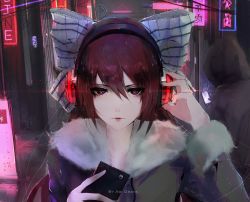 Rule 34 | 1girl, absurdres, aoi ogata, borrowed character, bow, brown eyes, cellphone, commentary, hair bow, headphones, highres, listening to music, long hair, mascot, neon lights, original, phone, red eyes, smartphone