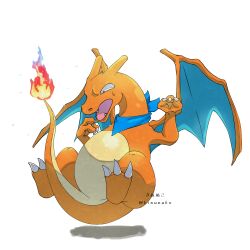 Rule 34 | animal focus, arm up, artist name, bandana, blue bandana, blue eyes, charizard, claws, clothed pokemon, constricted pupils, creatures (company), dragon, fangs, fire, flame-tipped tail, full body, game freak, gen 1 pokemon, hand up, highres, kinunuko, looking down, nervous, nintendo, no humans, open mouth, pokemon, pokemon (creature), pokemon mystery dungeon, simple background, solo, sweat, twitter username, watermark, white background