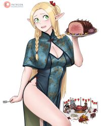 Rule 34 | 1girl, 3boys, absurdres, alternate costume, armor, beard, blonde hair, blue dress, braid, breasts, chilchuck tims, china dress, chinese clothes, cleavage, dismaiden, dragon print, dress, dungeon meshi, dwarf, eating, elf, facial hair, fake horns, food, helmet, highres, holding, holding plate, horned helmet, horns, laios touden, large breasts, marcille donato, meat, multiple boys, multiple braids, patreon logo, patreon username, plate, pointy ears, senshi (dungeon meshi), side slit, simple background, sitting, solo focus, sweatdrop, white background