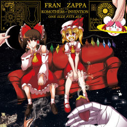 Rule 34 | 2girls, album cover, album cover redraw, atomic shinichi, bagua, bandages, bare shoulders, blonde hair, bow, brown hair, cigar, couch, cover, crescent moon, cthulhu mythos, derivative work, detached sleeves, facial hair, fake facial hair, flandre scarlet, frank zappa, frills, genshi shin&#039;ichi, hair bow, hair tubes, hakurei reimu, hat, head rest, ibaraki kasen, mary janes, mob cap, moon, motion lines, multiple girls, mustache, necronomicon, parody, red eyes, ship&#039;s wheel, shoes, short hair, side ponytail, sitting, skirt, skirt set, smile, smoke, soul patch, space, star (symbol), surreal, touhou, trigram