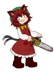 Rule 34 | 1girl, :3, :d, animal ear fluff, animal ears, blackbad, blood, blood on clothes, boots, bow, bowtie, brown footwear, cat ears, cat tail, chainsaw, chen, commentary, dress, earrings, fang, full body, green hat, hair between eyes, hat, holding, holding chainsaw, jewelry, long sleeves, looking down, medium hair, mob cap, multiple tails, nekomata, open mouth, petticoat, power tool, puffy long sleeves, puffy sleeves, pun, red dress, sanpaku, simple background, single earring, smile, solo, standing, tail, touhou, two tails, white background, yellow bow, yellow bowtie