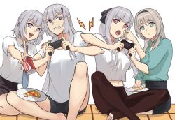 Rule 34 | 4girls, ak-12 (girls&#039; frontline), ak-15 (girls&#039; frontline), an-94 (girls&#039; frontline), artist request, can, coca-cola, controller, defy (girls&#039; frontline), feeding, food, game controller, girls&#039; frontline, grey hair, highres, multiple girls, pants, pizza, plate, playing games, purple eyes, rpk-16 (girls&#039; frontline), shorts