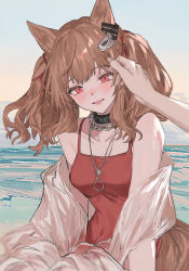 Rule 34 | 1girl, absurdres, angelina (arknights), angelina (summer flower) (arknights), animal ears, aogisa, arknights, beach, blush, breasts, brown hair, casual one-piece swimsuit, chain, commentary request, day, earpiece, fox ears, fox girl, fox tail, hair ribbon, highres, infection monitor (arknights), jewelry, long hair, looking at viewer, medium breasts, necklace, ocean, official alternate costume, one-piece swimsuit, outdoors, parted lips, pink eyes, pov, pov hands, red one-piece swimsuit, red ribbon, ribbon, sky, solo focus, swimsuit, swimsuit cover-up, tail, twintails, water