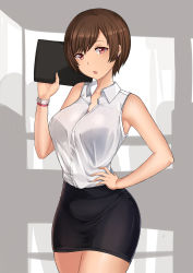 Rule 34 | 1girl, aori sora, bare shoulders, blouse, borrowed character, breasts, brown eyes, brown hair, buttons, collared shirt, commentary, cowboy shot, earrings, english commentary, hand on own hip, hand up, highres, holding, jewelry, large breasts, legs together, looking at viewer, miniskirt, office lady, olive laurentia, open mouth, original, pencil skirt, pixie cut, shirt, shirt tucked in, short hair, simple background, skirt, sleeveless, sleeveless shirt, solo, standing, tented shirt, unfinished, sketch background, white shirt