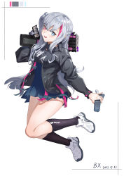 Rule 34 | 1girl, absurdres, artist name, black jacket, black socks, blue dress, blue eyes, blush, braid, breasts, bx (zhileng yasuoji), dated, dress, full body, girls&#039; frontline, girls&#039; frontline neural cloud, gloves, grey gloves, grey hair, gun, heterochromia, highres, holding, holding gun, holding phone, holding weapon, jacket, jumping, long hair, looking at viewer, mdr (girls&#039; frontline), medium breasts, multicolored hair, open clothes, open jacket, open mouth, phone, pink eyes, shoes, side braid, single glove, sneakers, socks, solo, weapon, white background, white footwear