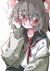 Rule 34 | 1girl, absurdres, alternate costume, animal ear fluff, animal ear piercing, animal ears, bespectacled, blush, cigarette, deal360acv, earrings, fang, glasses, grey hair, hair ornament, hairclip, hickey, highres, holding, holding cigarette, jewelry, long sleeves, looking at viewer, mouse ears, multicolored hair, nazrin, open mouth, red eyes, red hair, school uniform, semi-rimless eyewear, short hair, smoke trail, solo, star (symbol), streaked hair, sweater, teeth, touhou, two-tone hair