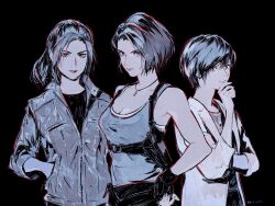 Rule 34 | 3girls, black background, black gloves, blue tank top, breasts, claire redfield, cleavage, closed mouth, fingerless gloves, fune (nkjrs12), gloves, hand in pocket, hand on own chin, hand on own hip, highres, holster, jacket, jewelry, jill valentine, lab coat, light smile, limited palette, looking at viewer, medium breasts, multiple girls, necklace, ponytail, rebecca chambers, resident evil, short hair, shoulder holster, simple background, small breasts, smile, tank top, upper body