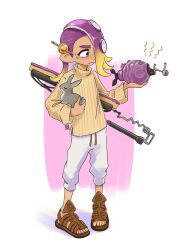 Rule 34 | 1boy, blonde hair, blue eyes, brown footwear, closed eyes, closed mouth, commentary, commission, english commentary, full body, gradient hair, hair over one eye, highres, holding animal, holding rabbit, long hair, mohawk, multicolored hair, nintendo, octoling, octoling boy, octoling player character, pants, purple background, purple hair, rabbit, sandals, seatha, shirt, simple background, solo, splatana wiper (splatoon), splatoon (series), splatoon 3, sweat, sword, tentacle hair, toes, torpedo (splatoon), two-tone hair, weapon, weapon on back, white background, white pants, yellow shirt
