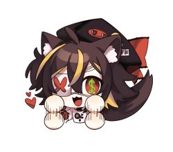 Rule 34 | 1girl, 3di project, animal ears, beret, black hair, blonde hair, celene (3di), chibi, chuunibyou, eyepatch, hair between eyes, hat, medical eyepatch, multicolored hair, open mouth, red eyes, rigu (3di), solo, tail, two-tone hair, virtual youtuber, white background