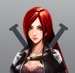 Rule 34 | 1girl, because-k, breasts, cleavage, collarbone, eyelashes, green eyes, grey background, highres, katarina (league of legends), league of legends, long hair, multicolored hair, parted lips, red hair, scar, simple background, solo, two-tone hair, upper body