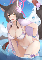 Rule 34 | 1girl, absurdres, animal ears, bead bracelet, beads, bikini, black hair, blue archive, blue sky, bracelet, breasts, cloud, collarbone, commentary, cowboy shot, day, groin, hand on own hip, highres, jewelry, large breasts, maeda no kenzi, nail polish, navel, purple nails, sky, solo, standing, stomach, swimsuit, thigh strap, thighs, wading, wakamo (blue archive), water, water drop, white bikini, yellow eyes