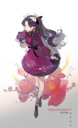 Rule 34 | 1girl, a2ki, alternate costume, bag, black bow, black footwear, black hair, bow, brooch, center frills, chain, character name, commentary request, dress, earrings, english text, fate/grand order, fate (series), floral print, flower, flower earrings, frills, full body, hair bow, hair ornament, hand on own cheek, hand on own face, hand up, handbag, highres, ishtar (fate), jewelry, juliet sleeves, leaning forward, long hair, long sleeves, looking at viewer, open mouth, parted bangs, puffy sleeves, purple dress, red eyes, simple background, skirt, smile, socks, solo, standing, white background