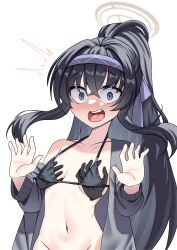 Rule 34 | 1girl, ^^^, absurdres, bags under eyes, bikini, black bikini, black hair, blue archive, blue hairband, blush, bottomless, breasts, cardigan, collarbone, commentary, crossed bangs, disembodied hand, embarrassed, grey cardigan, groping, hair between eyes, hair ribbon, hairband, halo, highres, navel, o-ring, o-ring top, off shoulder, open cardigan, open clothes, open mouth, ribbon, sidelocks, simple background, small breasts, solo, stomach, surprised, swimsuit, ui (blue archive), ui (swimsuit) (blue archive), upper body, white background, wide-eyed, wldrns232