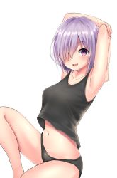 Rule 34 | 1girl, absurdres, armpits, arms behind back, arms behind head, arms up, black panties, blush, breasts, collarbone, fate/grand order, fate (series), hair over one eye, highres, light purple hair, looking at viewer, mash kyrielight, medium breasts, navel, open mouth, panties, purple eyes, short hair, sitting, smile, solo, suiroh (shideoukami), underwear