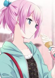 Rule 34 | 1girl, alternate costume, blue eyes, blurry, blurry background, casual, collarbone, depth of field, floral print, food, hair ornament, holding, hood, hood down, hoodie, ica, ice cream, kantai collection, looking away, no gloves, open clothes, open hoodie, pink hair, ponytail, shiranui (kancolle), short hair, short ponytail, smile, solo, upper body