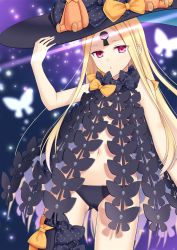 Rule 34 | 1girl, abigail williams (fate), abigail williams (second ascension) (fate), arm up, asymmetrical legwear, bad id, bad pixiv id, black bow, black hat, black panties, black thighhighs, blonde hair, blurry, blurry background, bow, bug, butterfly, commentary request, depth of field, fate/grand order, fate (series), glowing, gluteal fold, hand on own hip, hat, hat bow, insect, long hair, looking at viewer, navel, orange bow, panties, parted bangs, polka dot, polka dot bow, purple eyes, revealing clothes, siika 620, single thighhigh, skull print, solo, stuffed animal, stuffed toy, teddy bear, thighhighs, topless, underwear, uneven legwear, very long hair, witch hat
