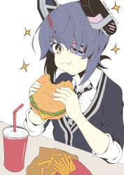 Rule 34 | 1girl, artist name, burger, checkered necktie, cheese, crumbs, cup, dated, drinking straw, eating, elbows on table, eyepatch, food, french fries, headgear, highres, holding, holding clothes, holding food, kantai collection, lettuce, necktie, purple hair, short hair, solo, sparkle, taira yuuki, tenryuu (kancolle), yellow eyes