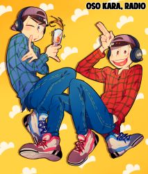 Rule 34 | 10s, 2boys, backwards hat, bad id, bad pixiv id, baseball cap, blue eyes, brothers, brown hair, character name, cup, denim, drinking glass, floating, hand in pocket, hat, heart, heart in mouth, highres, jeans, long sleeves, male focus, matsuno karamatsu, matsuno osomatsu, multiple boys, o2 (o2mm), one eye closed, osomatsu-kun, osomatsu-san, pants, patterned background, red eyes, salute, shoes, siblings, simple background, sneakers, two-finger salute, wine glass, yellow background