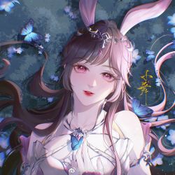 Rule 34 | 1girl, animal ears, baptistw bao, blush, brown hair, douluo dalu, dress, flower, gleam, grass, hair ornament, highres, long hair, looking at viewer, lying, on back, pink dress, pink eyes, ponytail, rabbit ears, solo, teeth, upper body, xiao wu (douluo dalu)