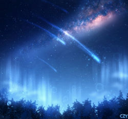 Rule 34 | aurora, bad id, bad pixiv id, blue sky, blue theme, czy (2894456992), forest, milky way, nature, no humans, original, outdoors, scenery, shooting star, signature, sky, star (sky), starry sky, tree