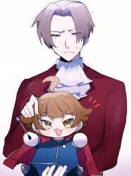 Rule 34 | 2boys, absurdres, ace attorney, ace attorney investigations, ace attorney investigations 2, ahoge, ascot, blush, brown eyes, brown hair, closed mouth, flipped hair, formal, gloves, grey eyes, grey hair, hair intakes, highres, holding, ichiyanagi yumihiko, jacket, jacket on shoulders, long sleeves, male focus, midori (032 pokemon), miles edgeworth, multiple boys, open mouth, red jacket, school uniform, short hair, simple background, smile