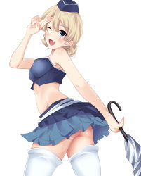 Rule 34 | 10s, 1girl, ass, bad id, bad pixiv id, blonde hair, blue eyes, blue skirt, blush, braid, closed umbrella, darjeeling (girls und panzer), girls und panzer, hat, highres, holding, looking at viewer, miniskirt, nksk, one eye closed, pleated skirt, race queen, salute, short hair, simple background, skirt, smile, solo, thighhighs, umbrella, white background