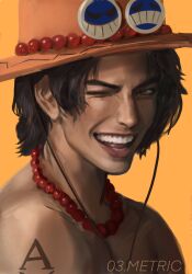 Rule 34 | 03metric, 1boy, arm tattoo, bead necklace, beads, black hair, commentary, cowboy hat, english commentary, freckles, hat, highres, jewelry, male focus, necklace, one eye closed, one piece, open mouth, orange background, orange hat, portgas d. ace, realistic, short hair, simple background, smile, solo, tattoo, teeth, topless male