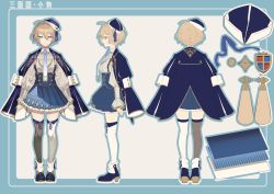 Rule 34 | 1girl, absurdres, ahoge, artist request, asymmetrical legwear, black thighhighs, blonde hair, blue coat, blue eyes, blue footwear, blue hat, blue necktie, blue ribbon, blue skirt, boots, breasts, chain, character name, character sheet, closed mouth, coat, coat on shoulders, collared shirt, commentary request, commission, dress shirt, hair intakes, hat, high-waist skirt, highres, indie virtual youtuber, jewelry, kneepits, layered skirt, long sleeves, medal, medium breasts, mismatched legwear, nanami nanai, necktie, pin, ribbon, shirt, skirt, smile, solo, suspender skirt, suspenders, thighhighs, virtual youtuber, white shirt, white thighhighs